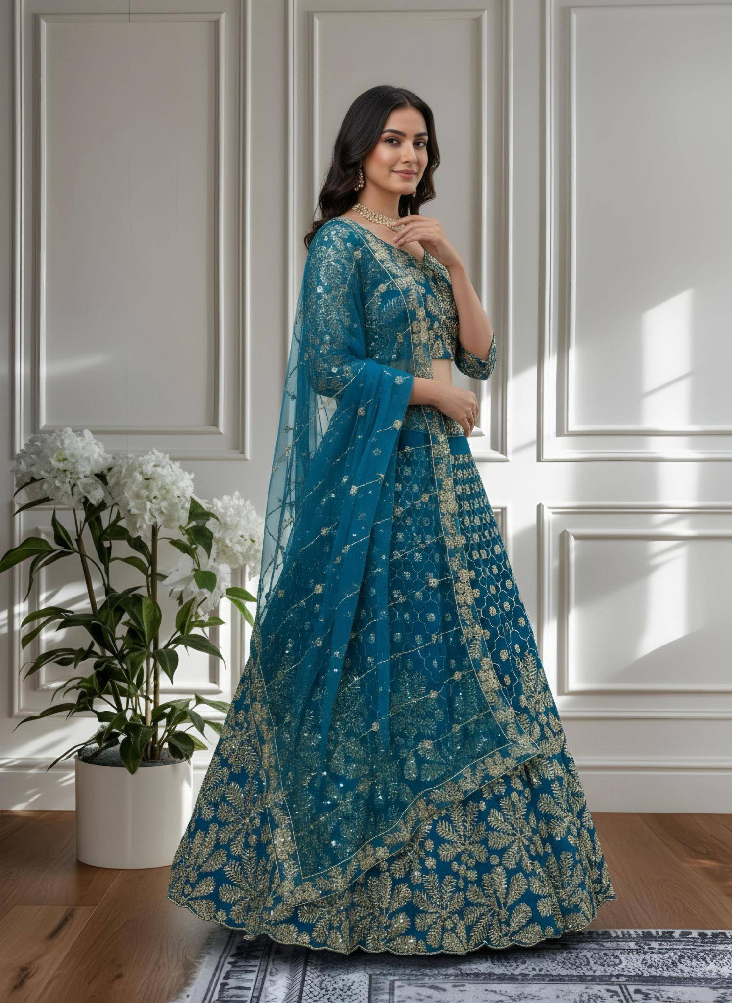 Shine in style with this beautifully Butterfly Net Rama Blue Lehenga choli retailers in Mumbai